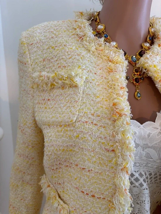 Maxime Pastel Yellow Tweed Skirt Set with Orange Accents - Picture 4 of 14